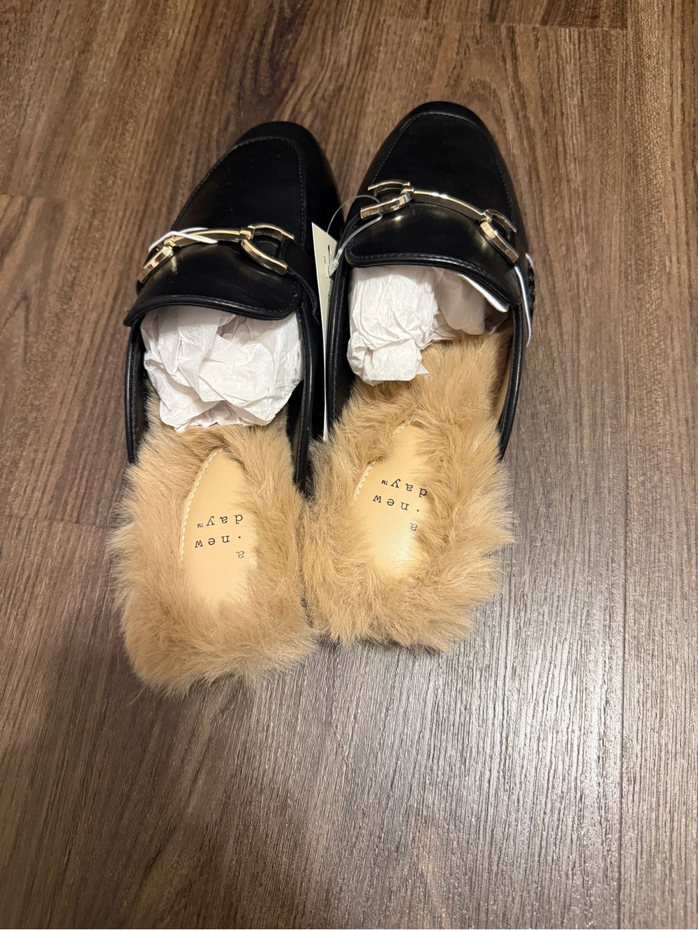a new day Black Loafer Mules with Tan Faux-Fur Lining